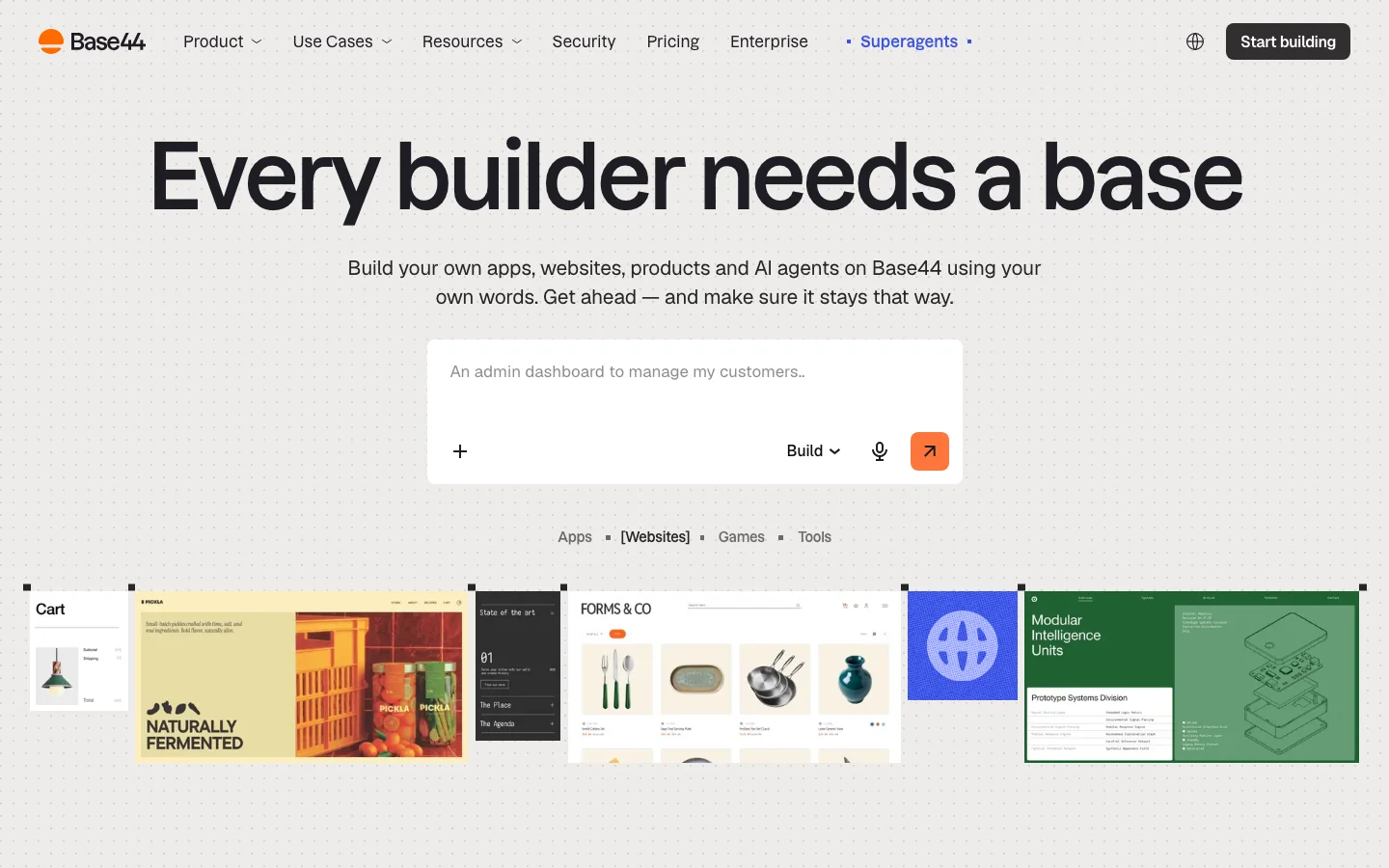Base44 homepage inviting visitors to build an app with AI