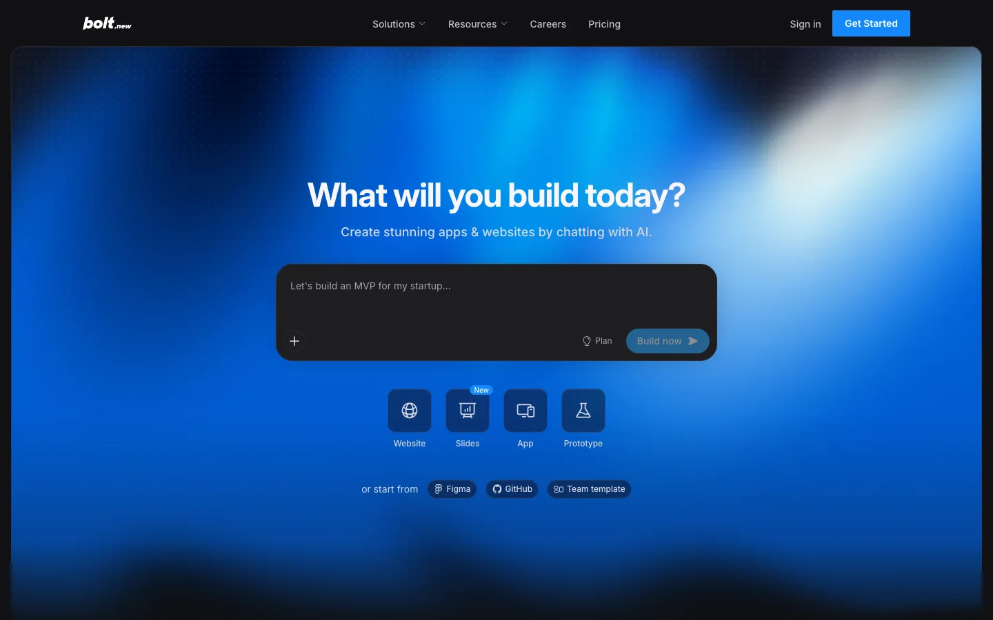 Bolt.new homepage with a prompt box for apps and websites