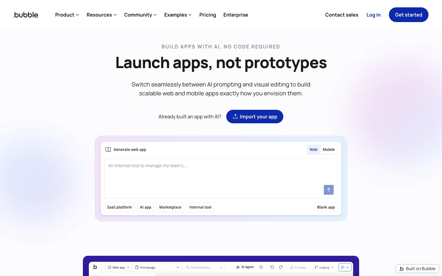 Bubble homepage for its AI-assisted visual app builder