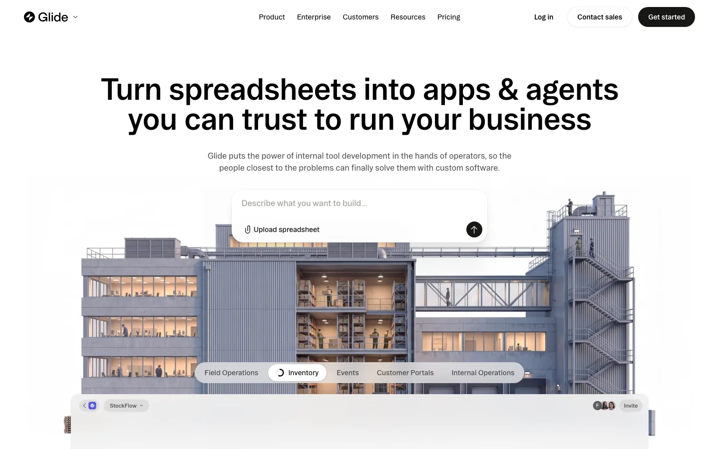 Glide homepage describing apps built from spreadsheets