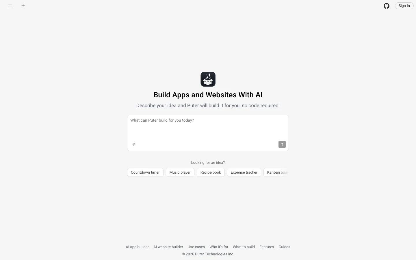 Puter AI Builder homepage with its app creation prompt