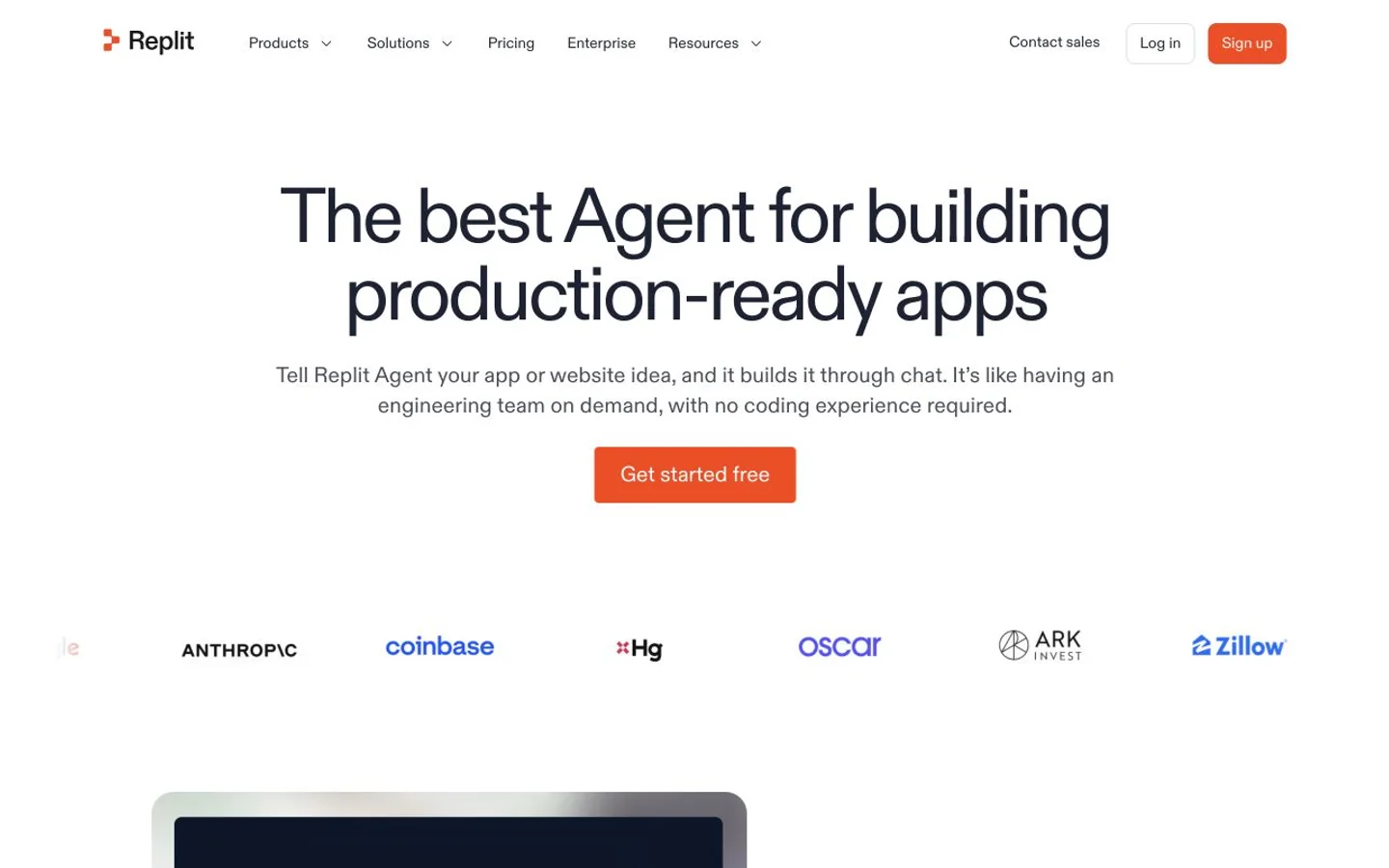 Replit Agent product page describing its app-building agent