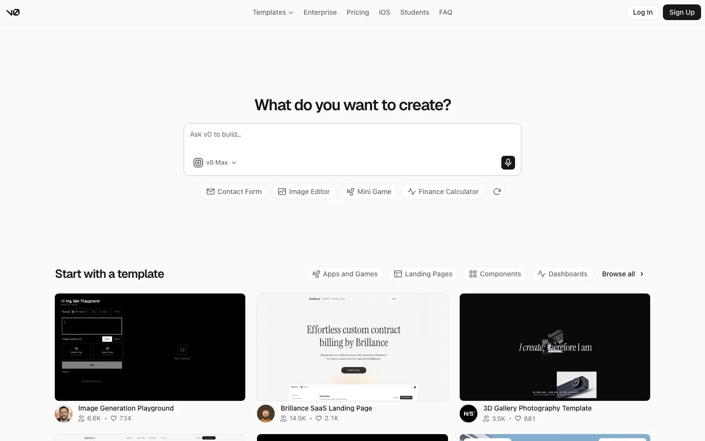 v0 by Vercel homepage with a prompt box for building an app