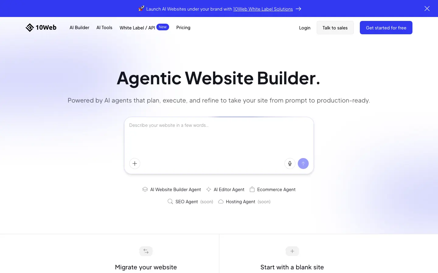 10Web homepage introducing its AI WordPress website builder