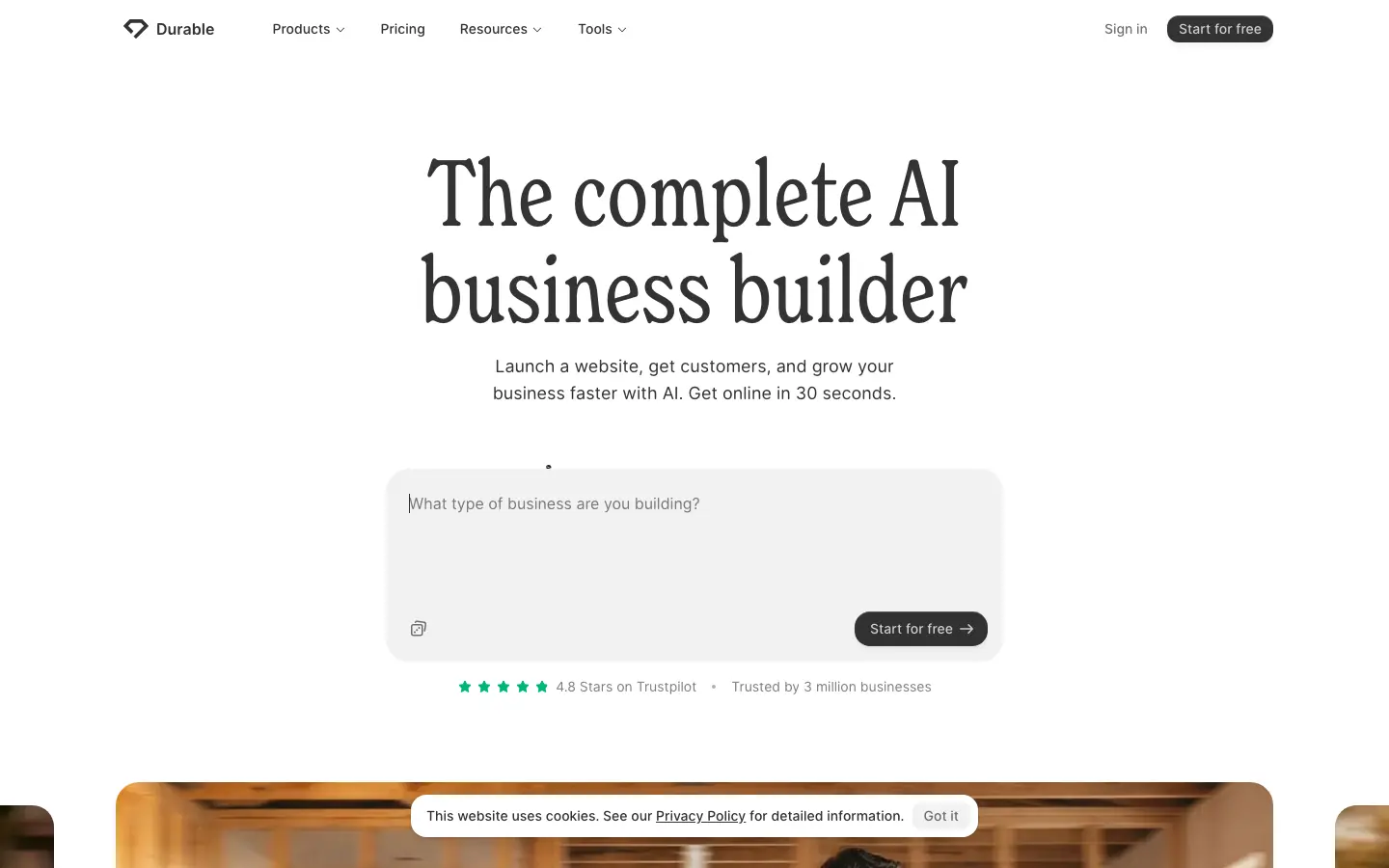Durable homepage describing its AI small-business website builder