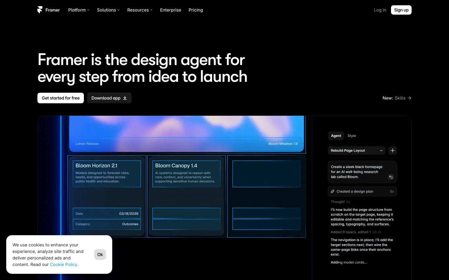 Framer homepage showing its visual website design tools