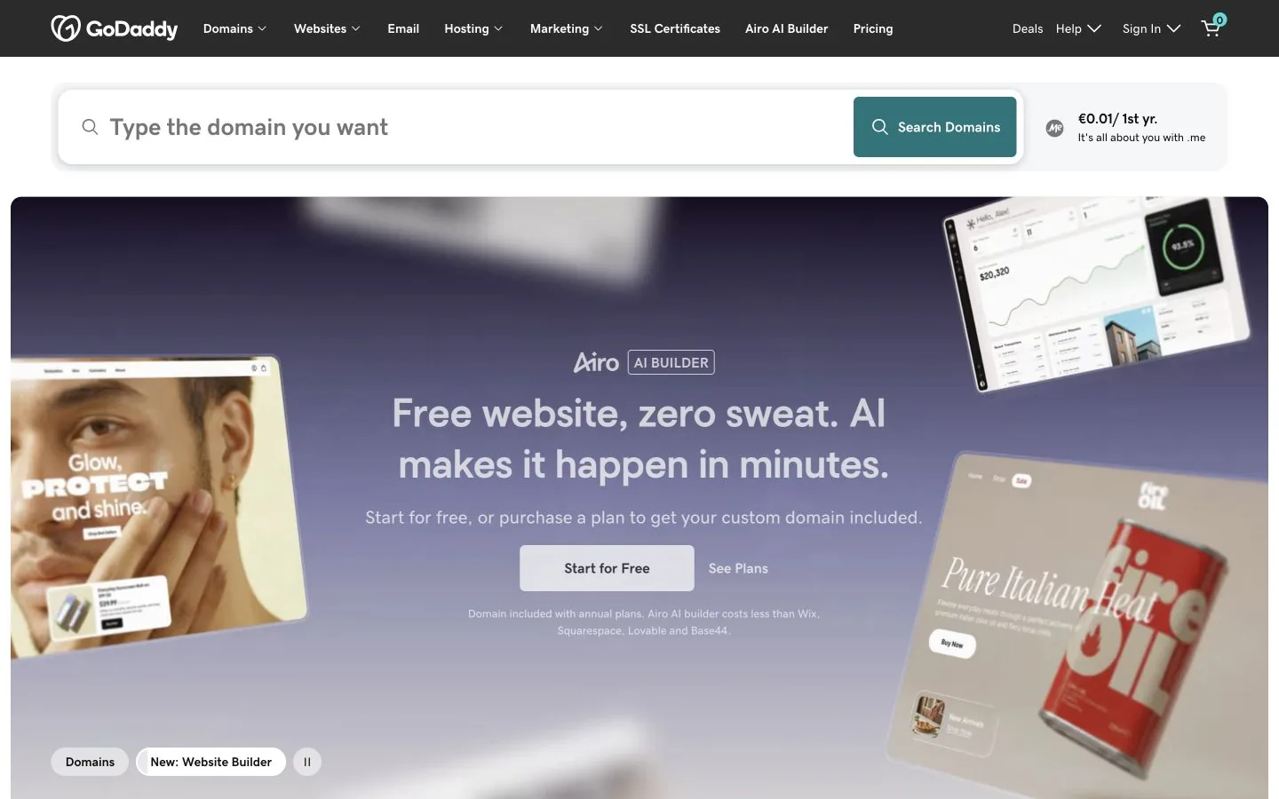 GoDaddy homepage showing its small-business website services
