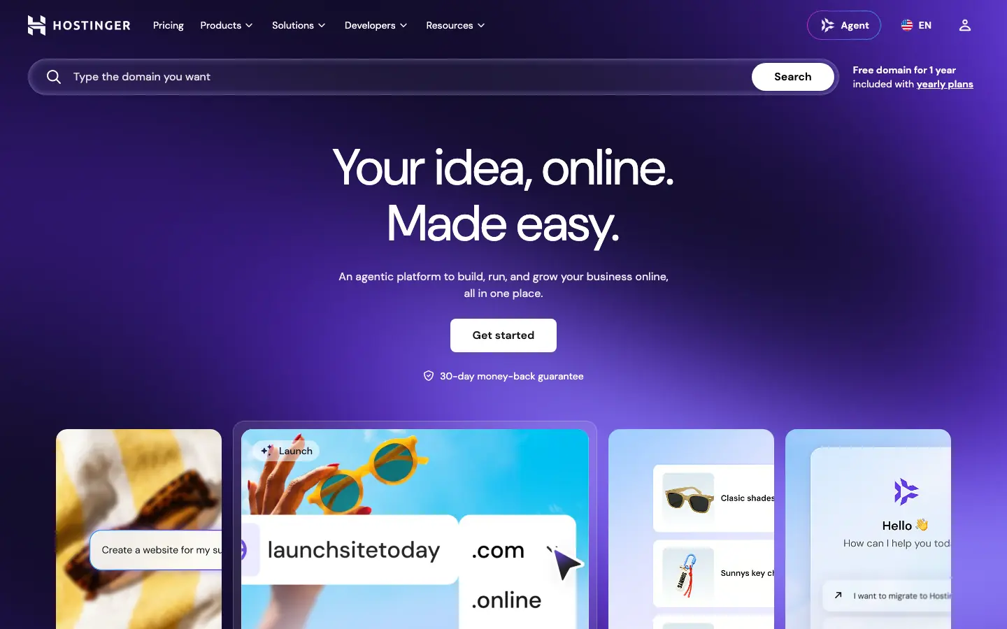 Hostinger homepage advertising its AI website builder and hosting