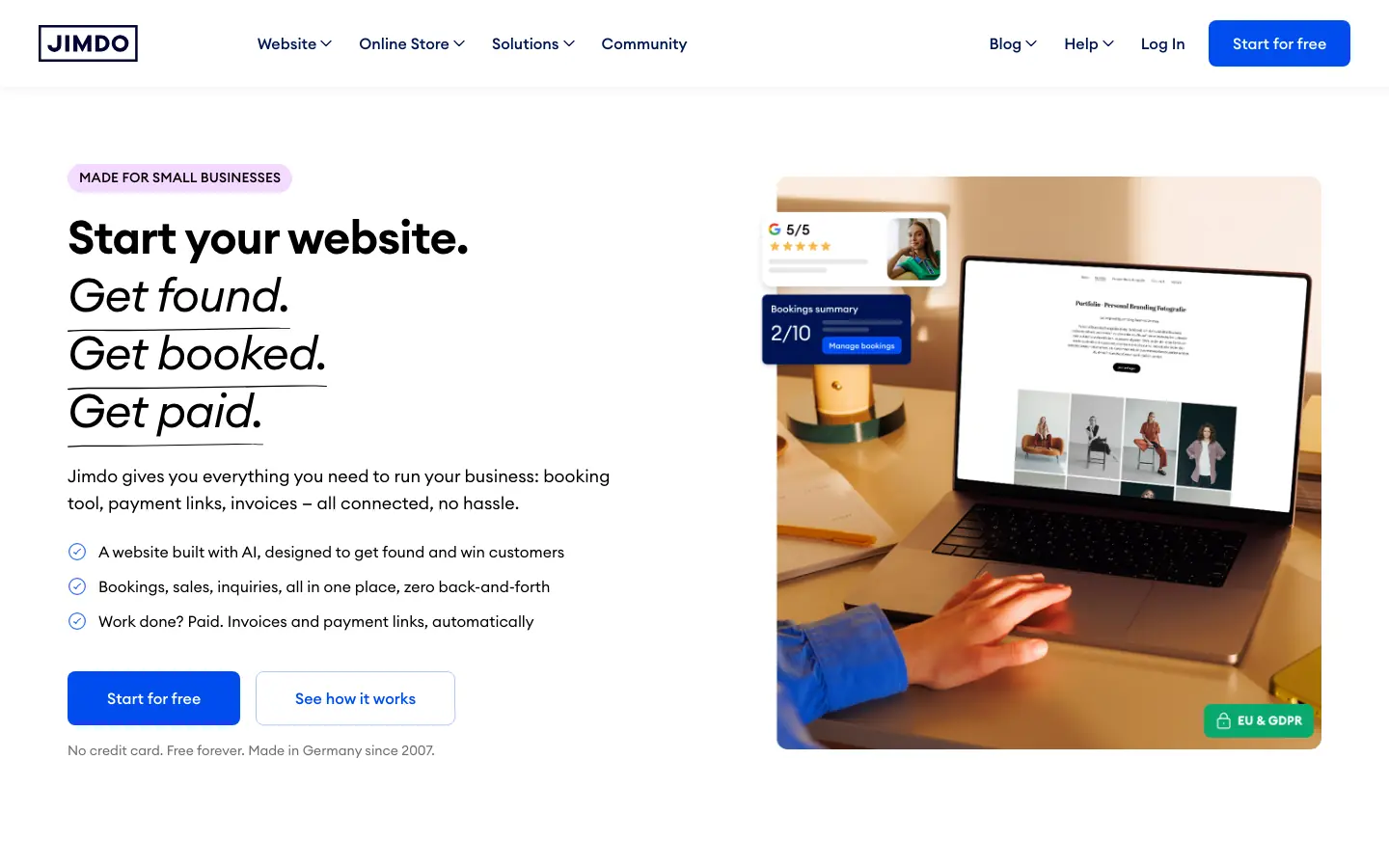 Jimdo homepage presenting its AI-assisted website creation