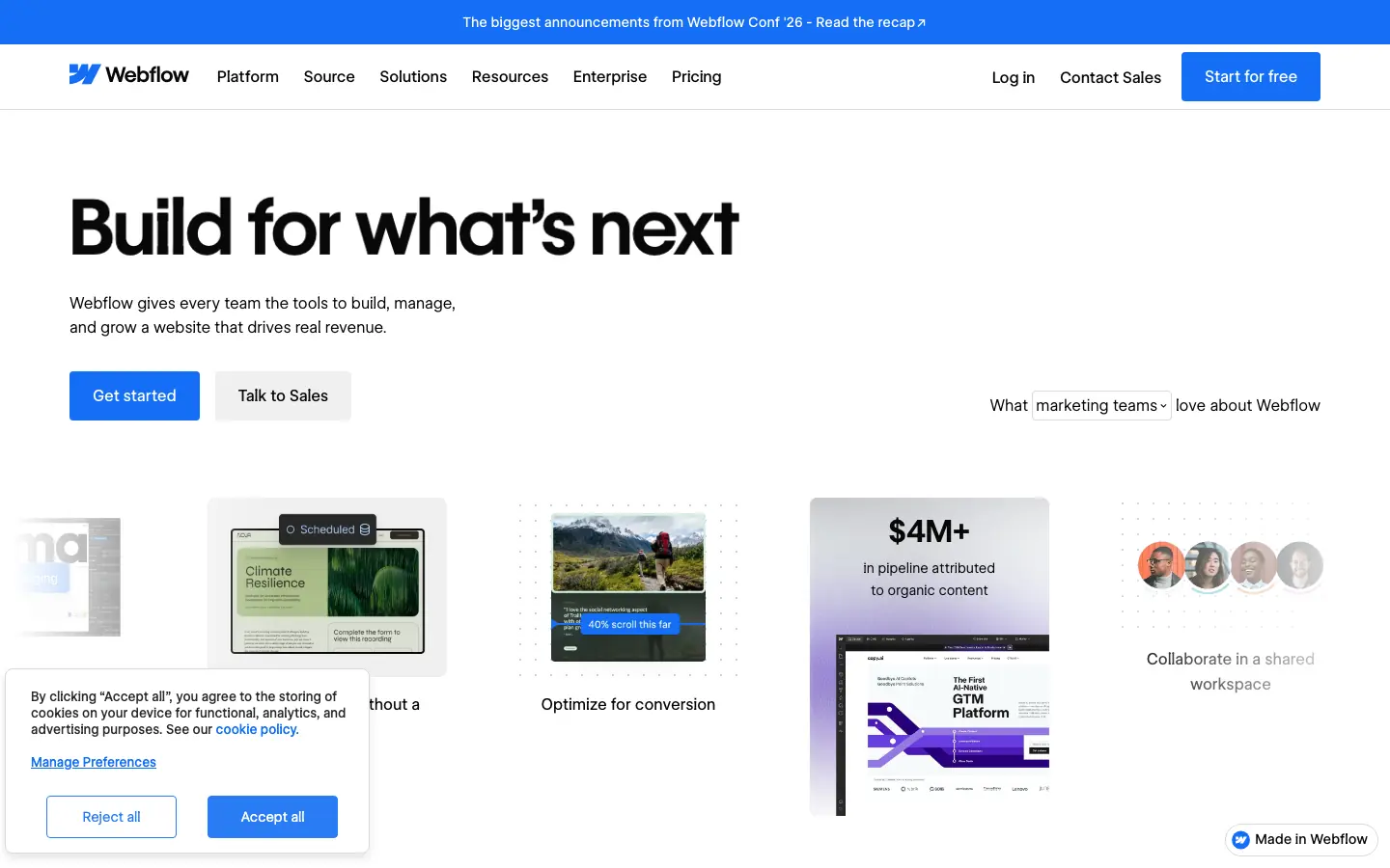 Webflow homepage presenting its visual website platform