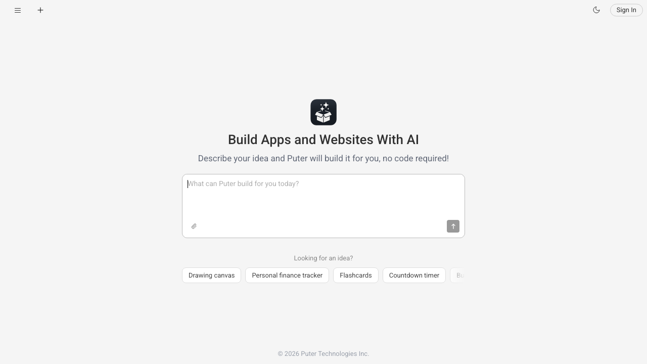 Puter AI Builder interface with a chat panel on the left and a live app preview on the right
