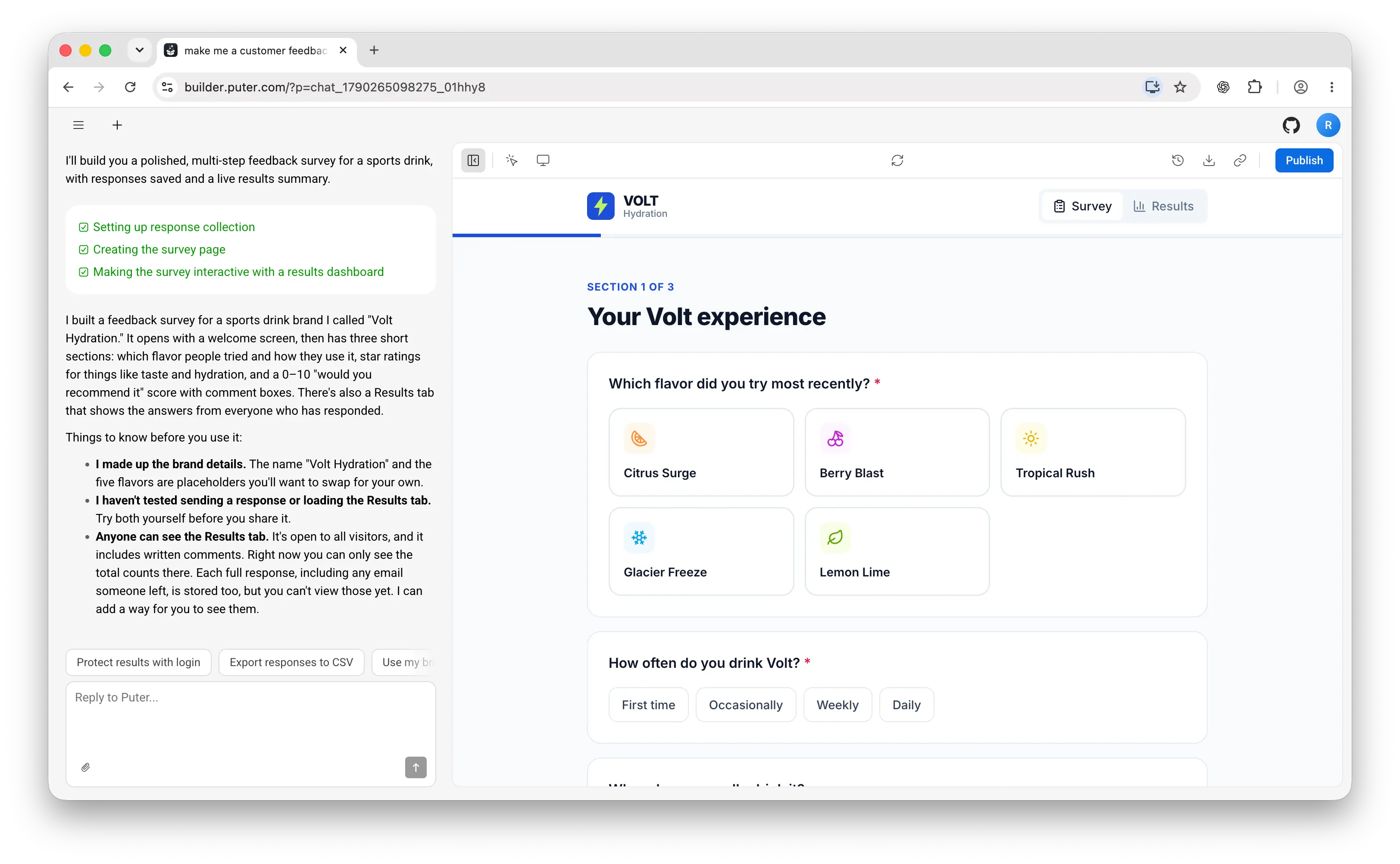 Build a customer feedback form with Puter AI Builder