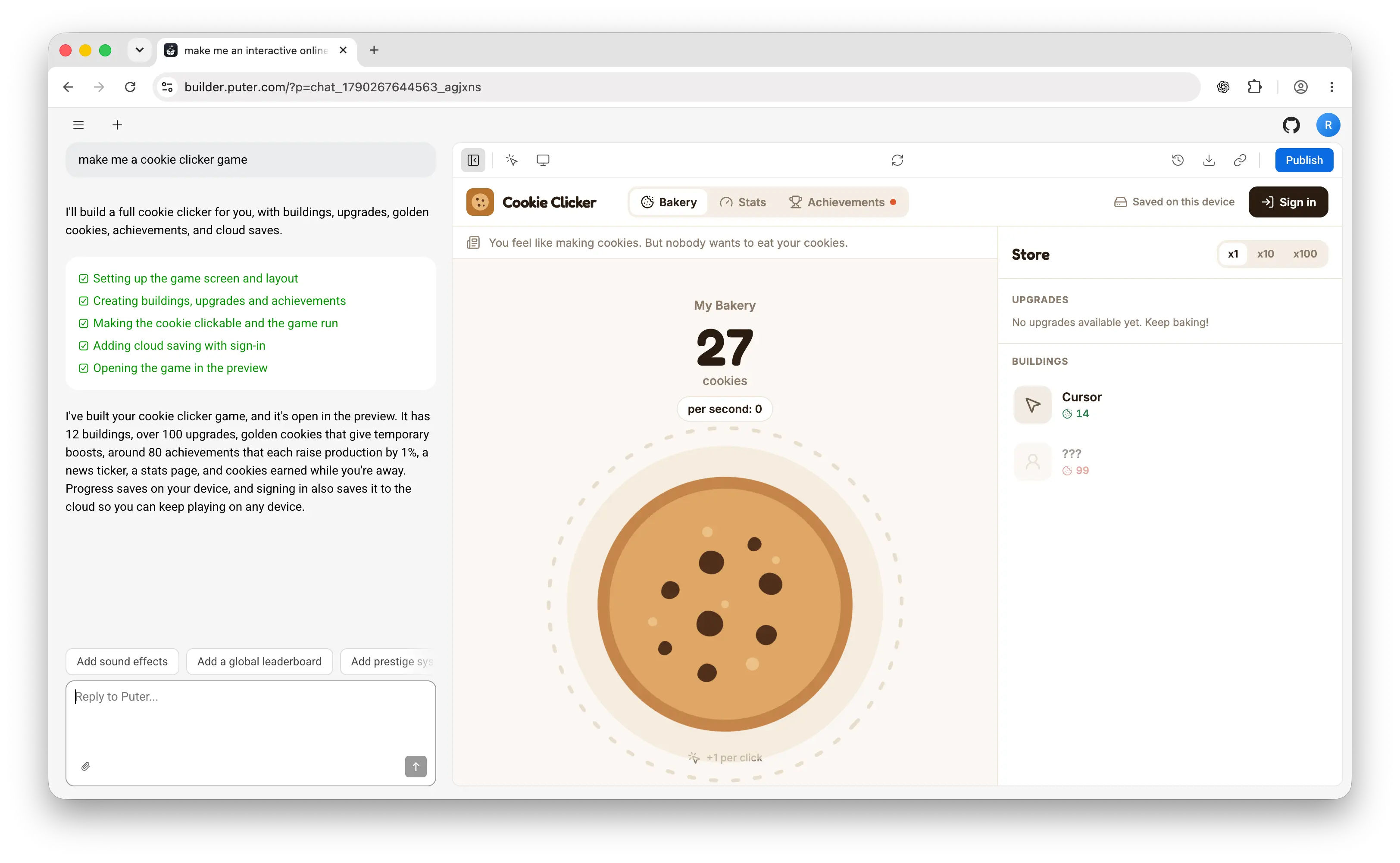 Build a cookie clicker game with Puter AI Builder
