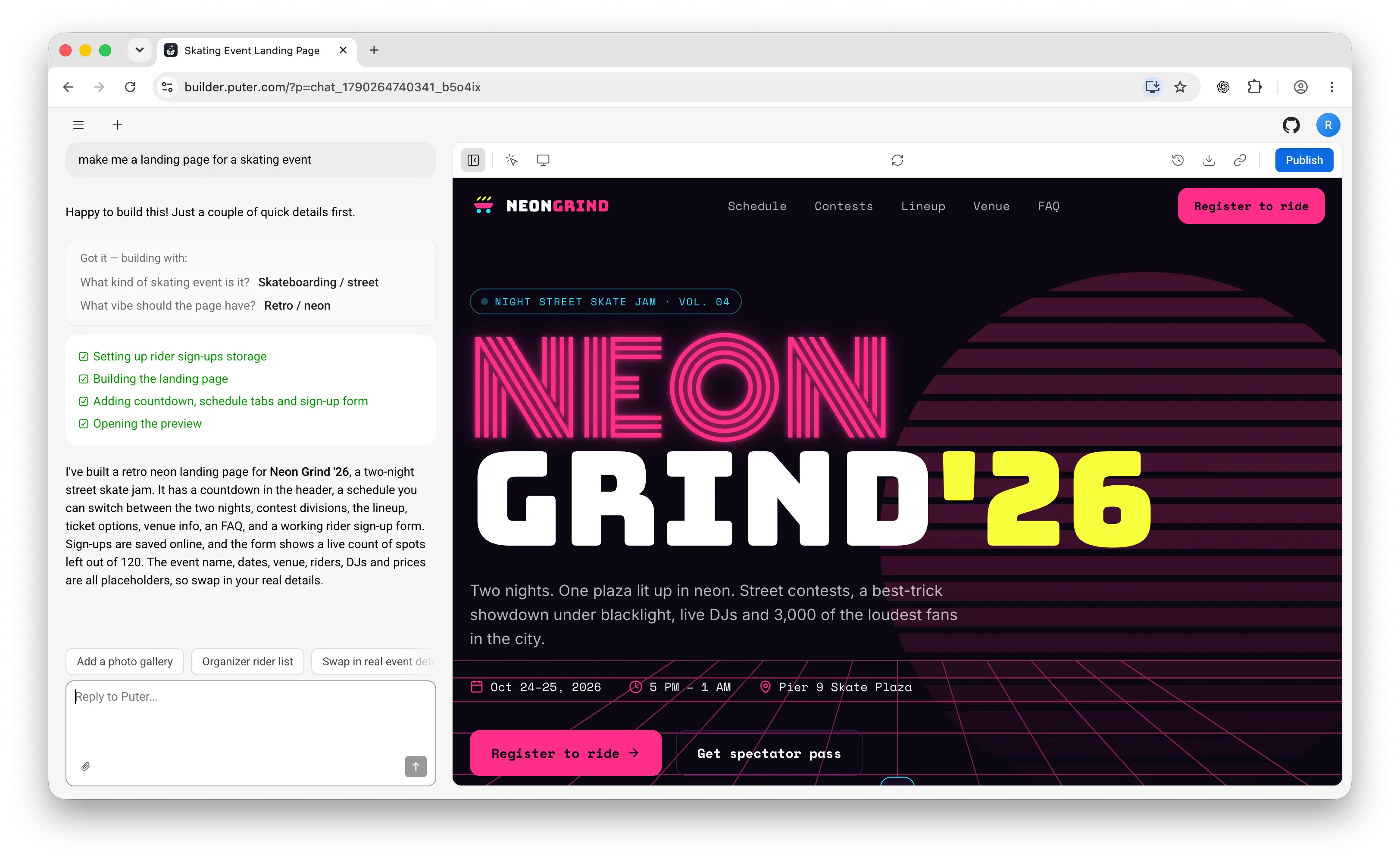 Build an event landing page with Puter AI Builder