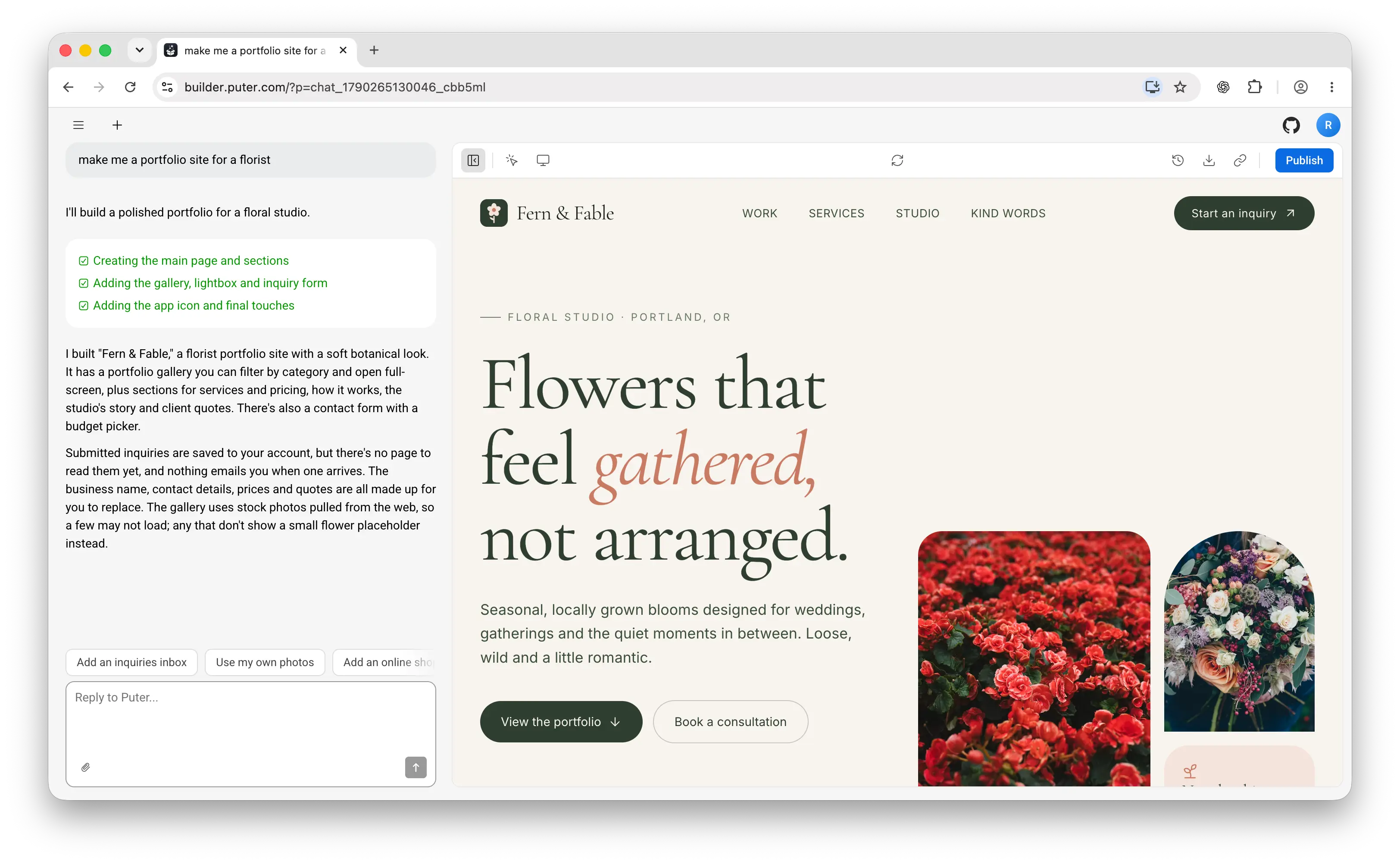 Build a florist portfolio site with Puter AI Builder