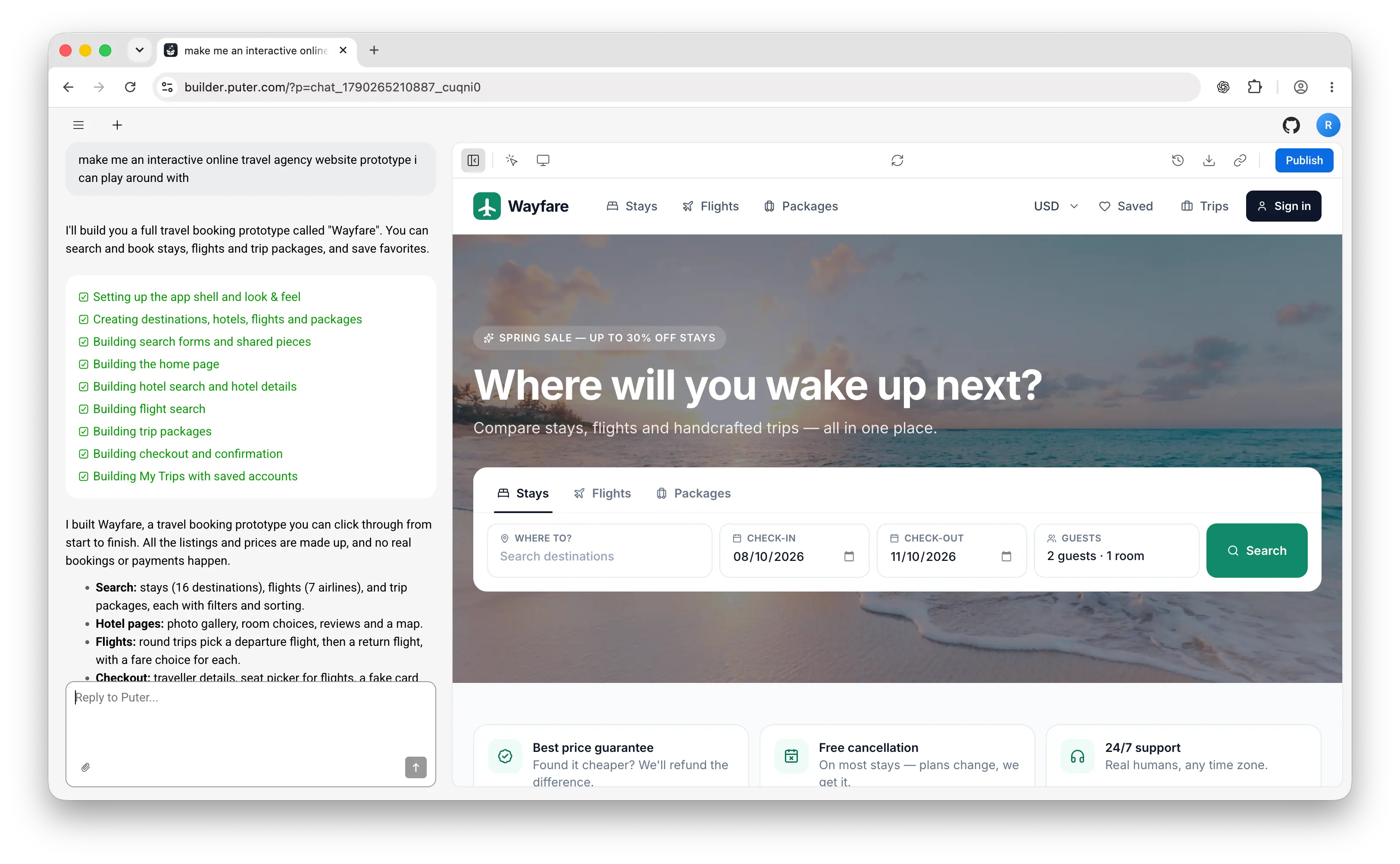 Build a travel booking prototype with Puter AI Builder