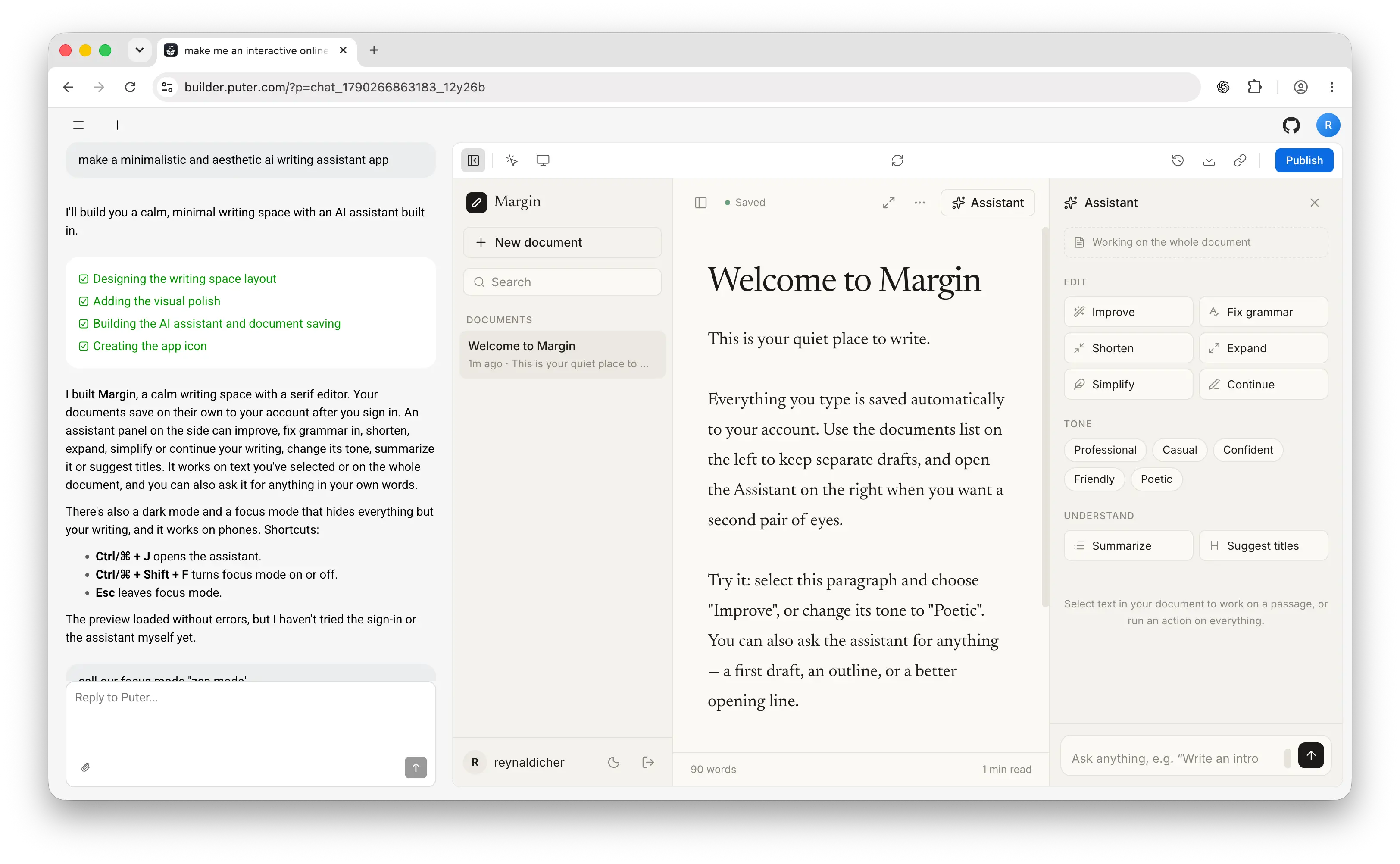 Build an AI writing assistant SaaS with Puter AI Builder