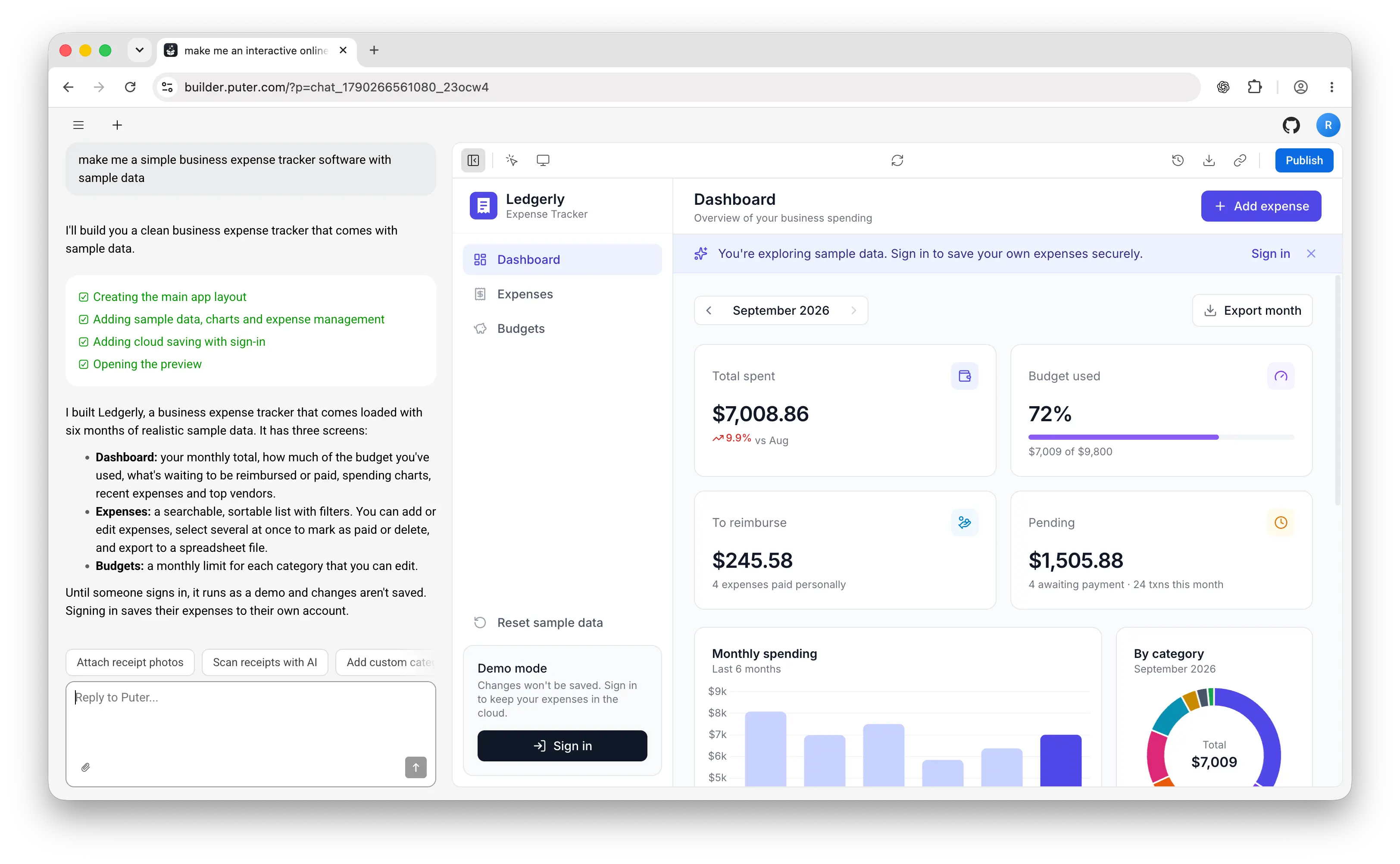 Puter AI Builder with a working web app in the live preview