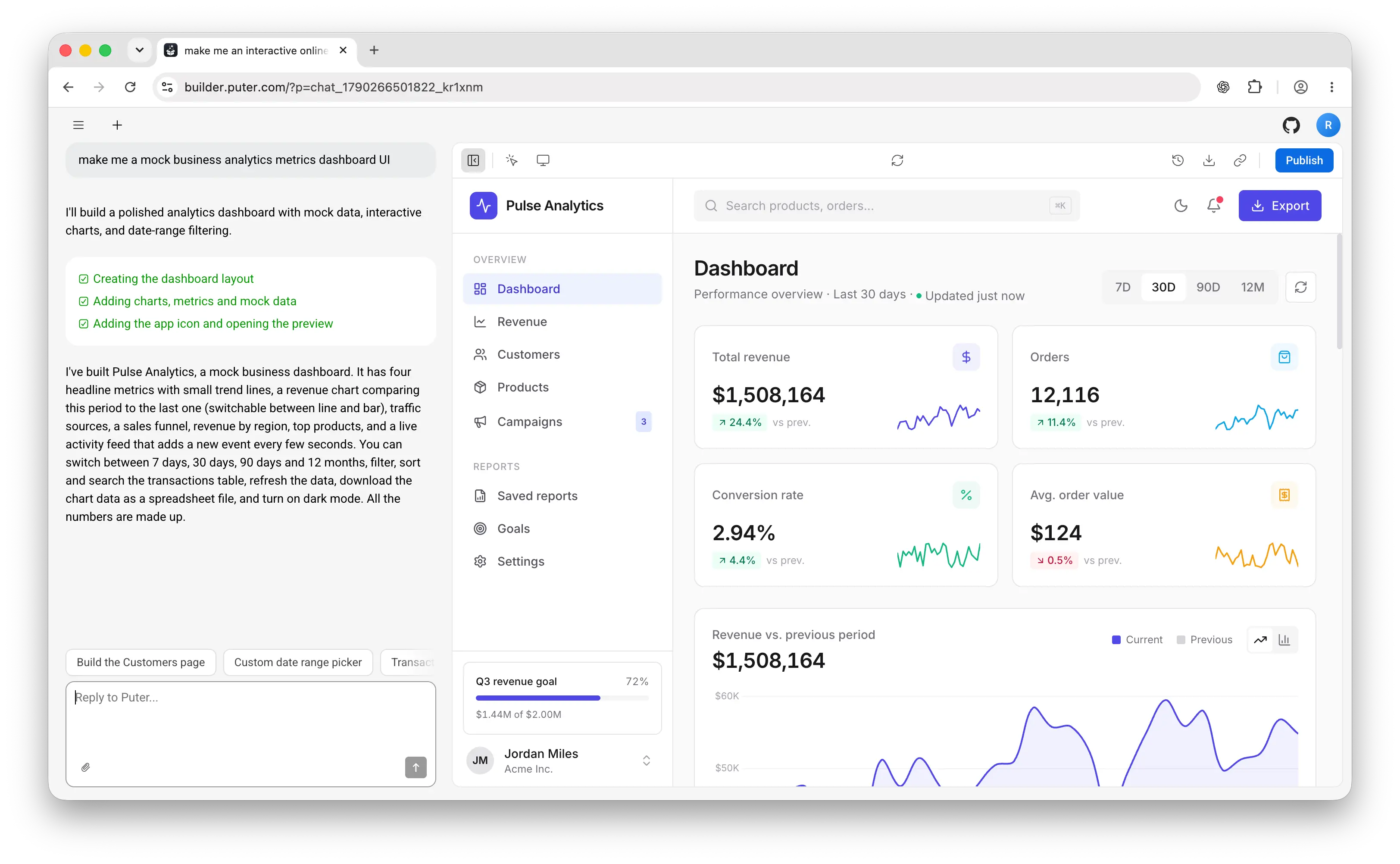 Build an analytics dashboard UI with Puter AI Builder