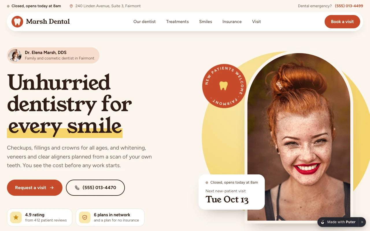 The Dentist Website template, as it looks when you copy it