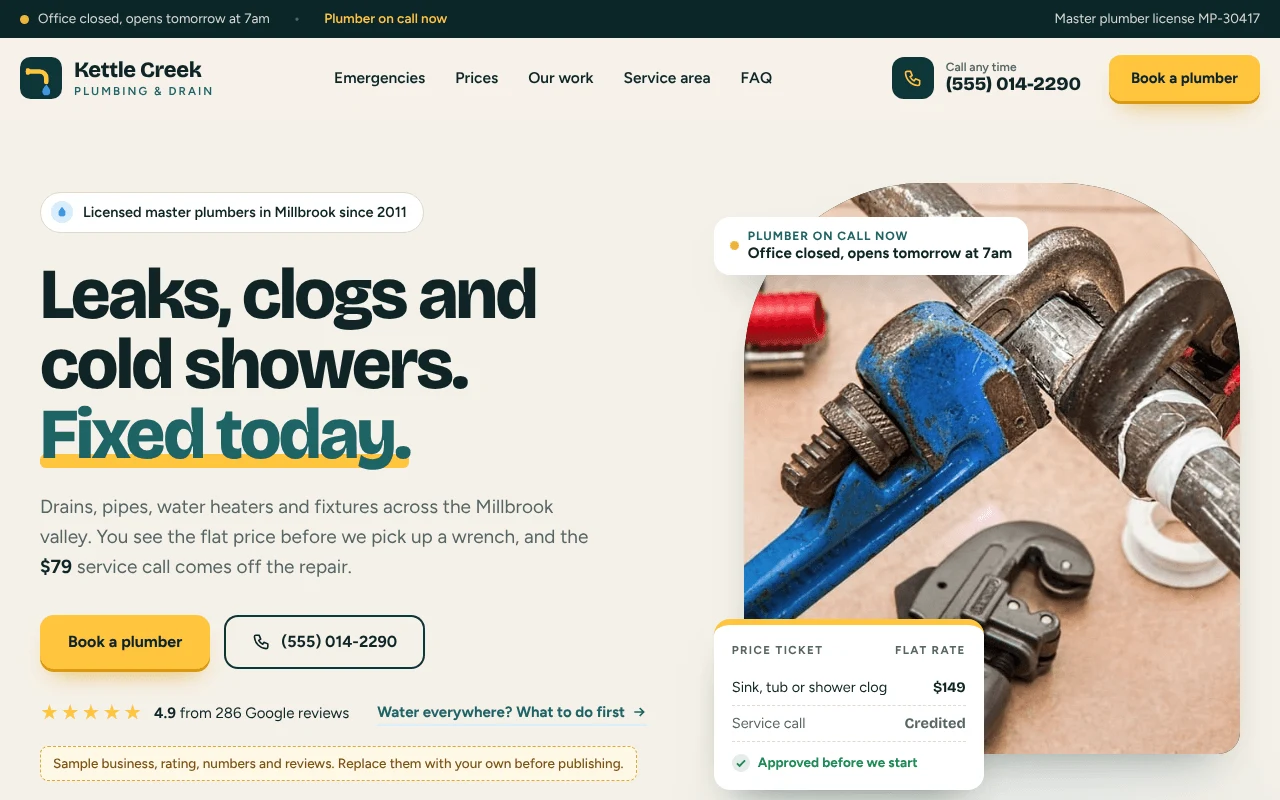 The Plumbing Business template, as it looks when you copy it