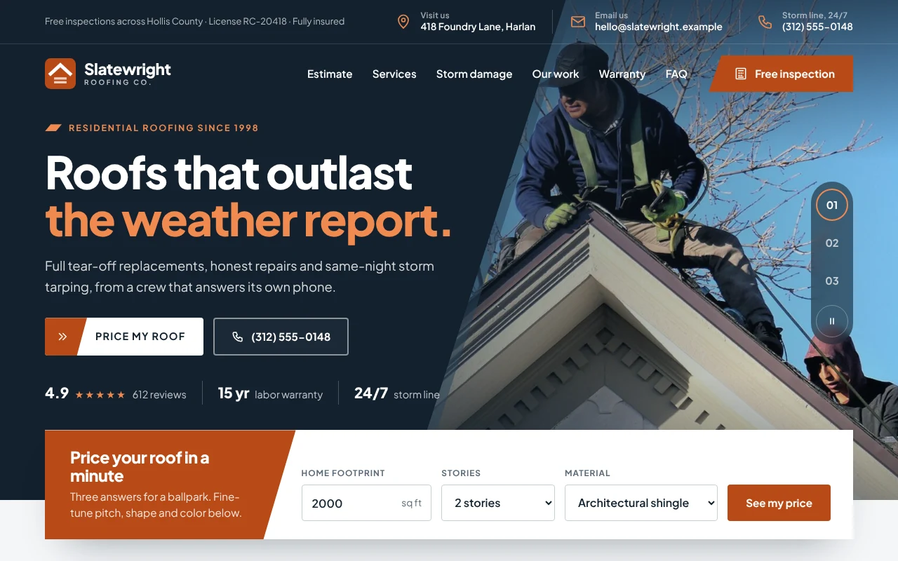 The Roofing Company template, as it looks when you copy it